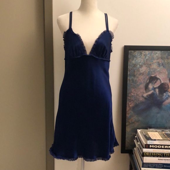 Victoria's Secret Other - Victoria’s Secret Navy Blue Ruffle-Trim Silk Nightgown Nightie Lingerie